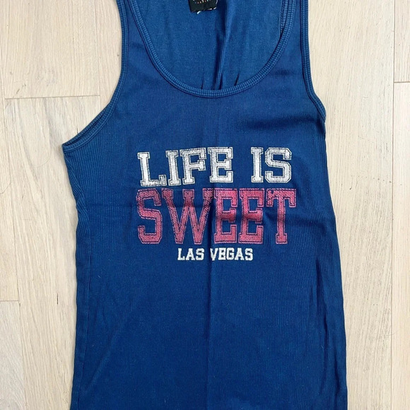 Sugar Factory Tops - Life is Sweet Navy Tank